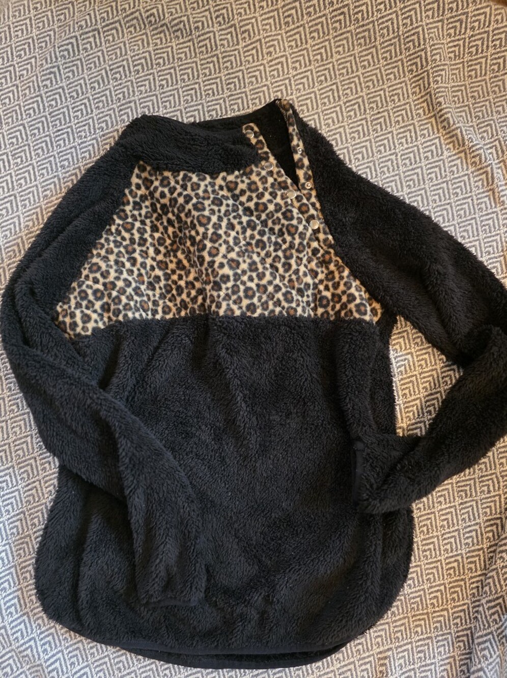 Pink lily Black Fuzzy Jacket with Leopard Print Detail
